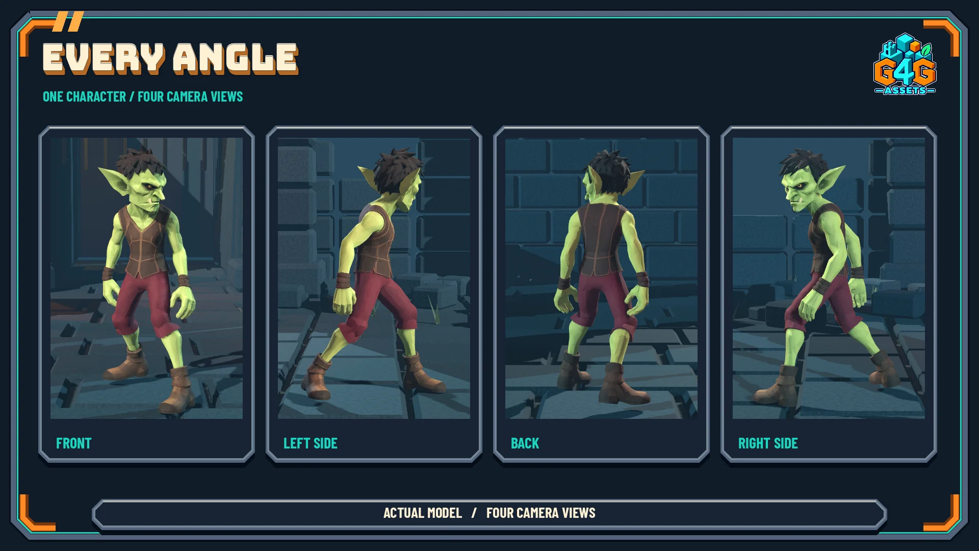 Front, side, and rear views of the character